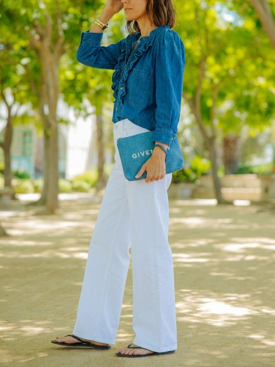 Solid Color Ruffle Trim Buttoned Three-quarter Sleeves Loose Round-neck Blouses&shirts Tops
