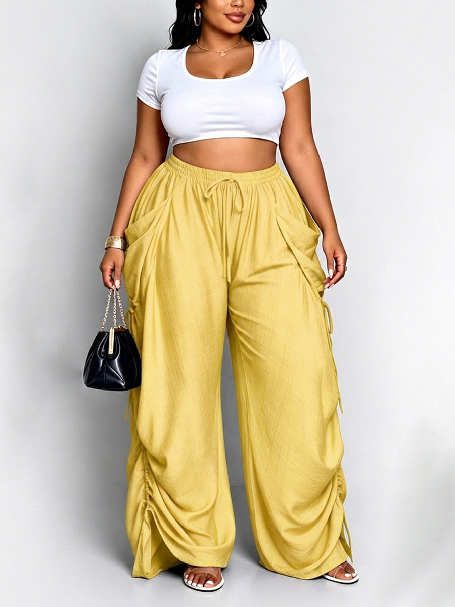High Waisted Loose Drawstring Elasticity Pockets Split-Joint Pants Trousers