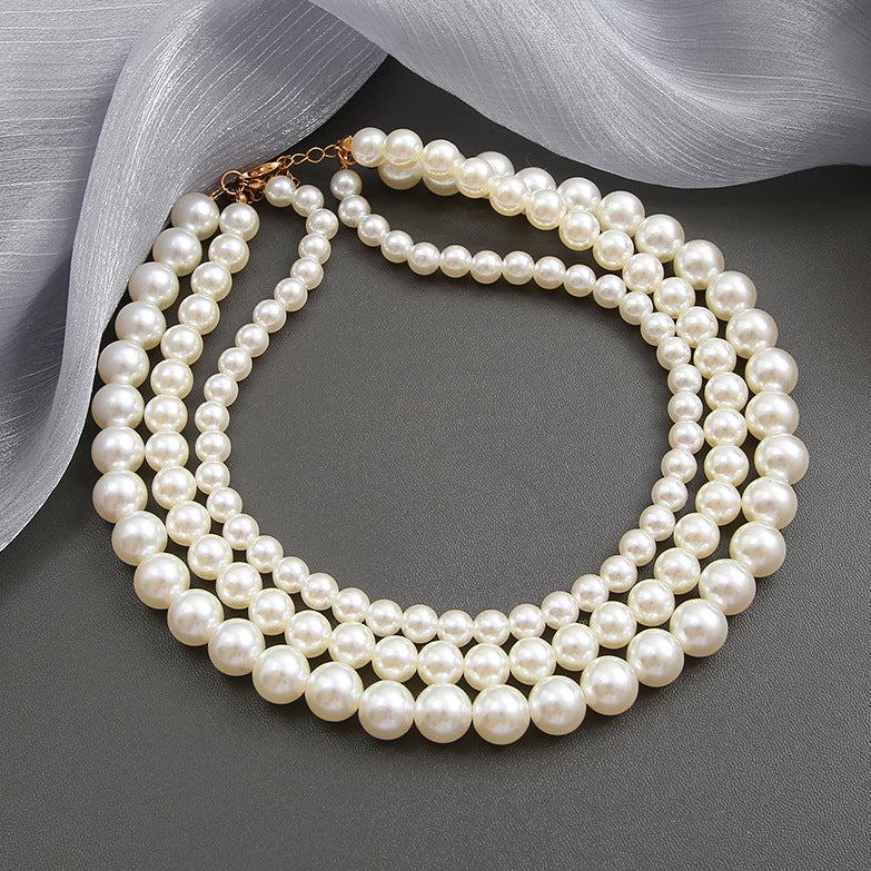 Baroque Style Three Layer Pearl Necklace With Beaded Chain Featuring Resin Pendant For Women