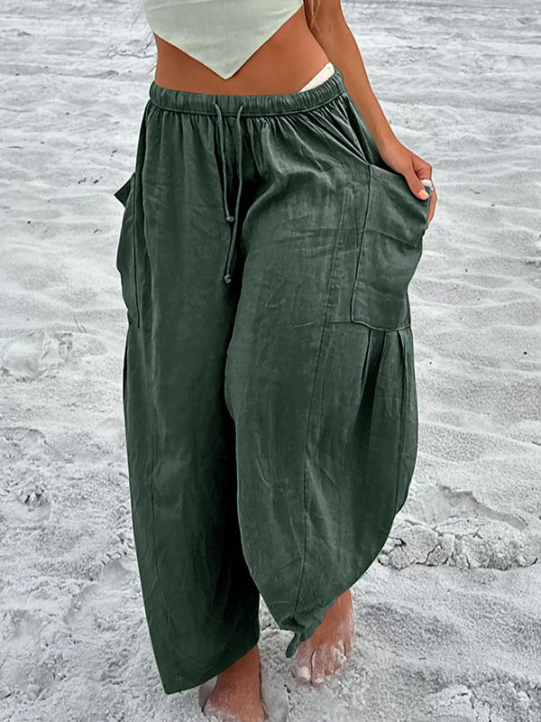 High Waisted Loose Drawstring Elasticity Pleated Pockets Solid Color Ninth Pants Trousers
