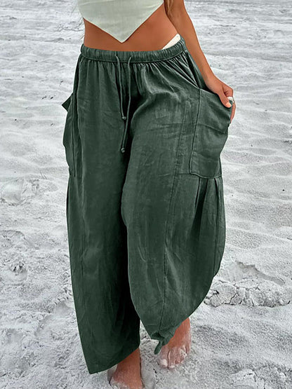 High Waisted Loose Drawstring Elasticity Pleated Pockets Solid Color Ninth Pants Trousers