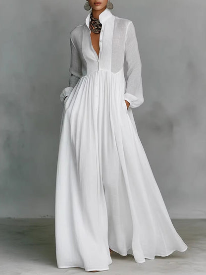A-Line High Waisted Buttoned Pleated Pockets Solid Color Split-Joint Stand Collar Maxi Dresses Shirt Dress