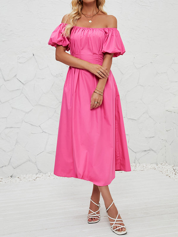 Loose Puff Sleeves Elasticity Pleated Solid Color Split-Joint Off-The-Shoulder Midi Dresses