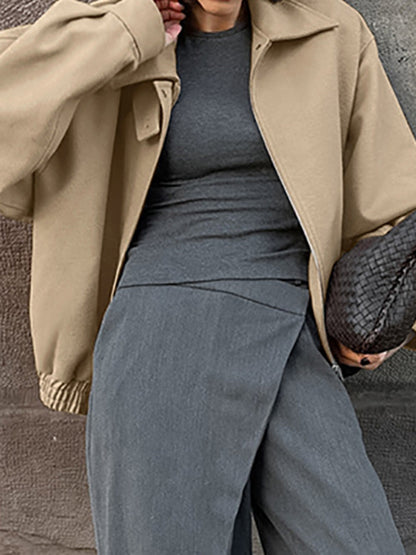 Long Sleeves Loose Buttoned Elasticity Solid Color Zipper Lapel Jackets Outerwear