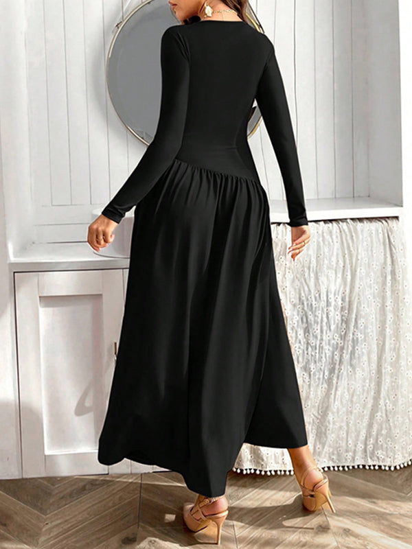 Long Sleeves Skinny Solid Color Split-Joint Round-Neck Maxi Dresses
