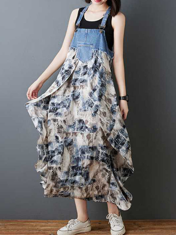 Loose Plus Size Flower Print Pockets Split-Joint Spaghetti-Neck Maxi Dresses Suspender Dress