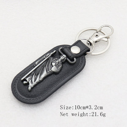 Trillion-cut Electroplated Blue Key Chain In Alloy Material With Retro Style, Featuring PU Inlay