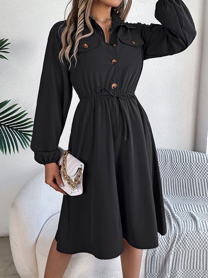 A-line Long Sleeves Buttoned Pleated Solid Color Tied Lapel Midi Dresses Shirt Dress
