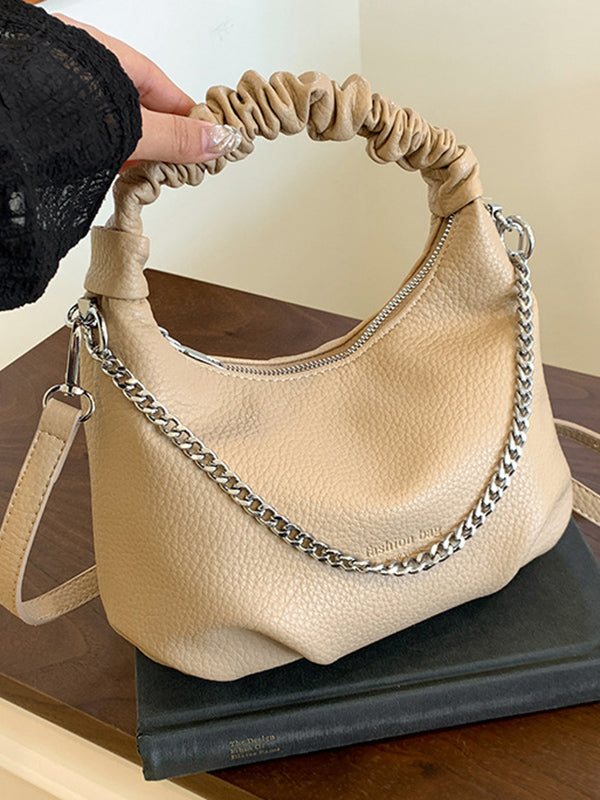 Chains Pleated Solid Color Zipper Crossbody Bags Handbags