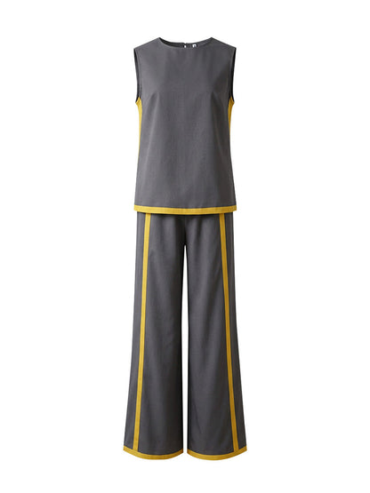 Contrast Color High Waisted Pants + Round-Neck Sleeveless Top Two Pieces Set