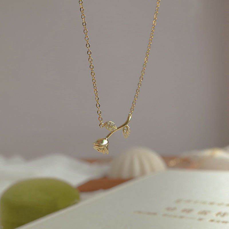 Rose Pendant Necklace For Women In Golden 925 Sterling Silver