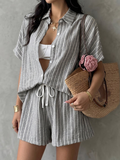 Loose Contrast Color Striped Short Sleeves Buttoned Lapel Blouses&Shirts Tops + Tied Waist Shorts Bottoms Two Pieces Set