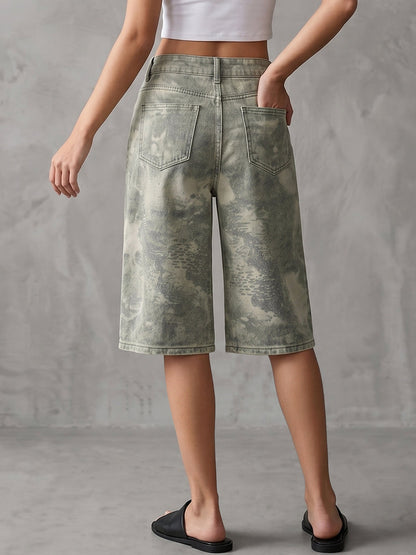 Cropped High Waisted Buttoned Contrast Color Pockets Printed Cropped Trousers Jean Pants Bottoms