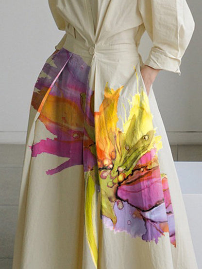 Long Sleeves Loose Floral Printed Pleated Split-Joint Tied Waist Lapel Midi Dresses Shirt Dress