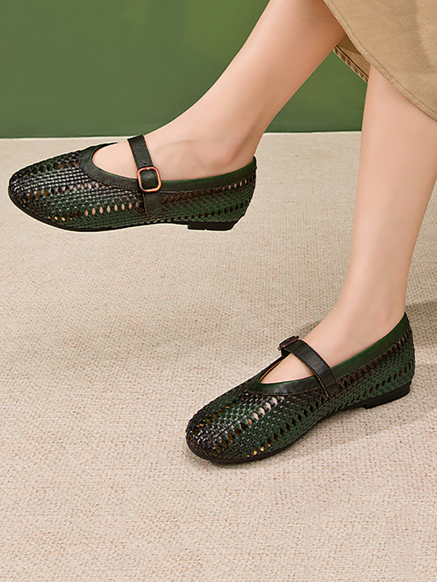 Women Vintage Leather Weave Low Heel Sandals