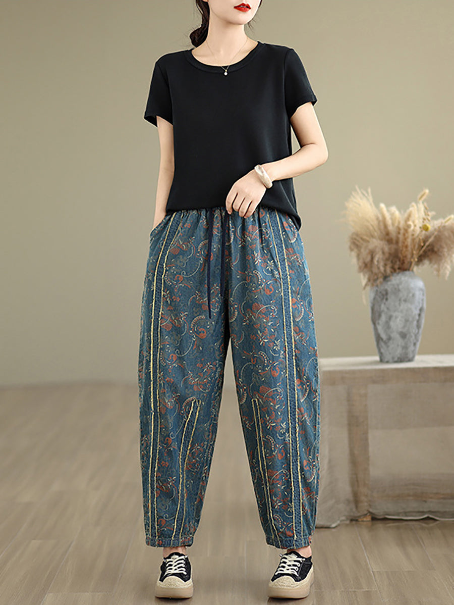 Women Retro Flower Patchwork Denim Harem Pants