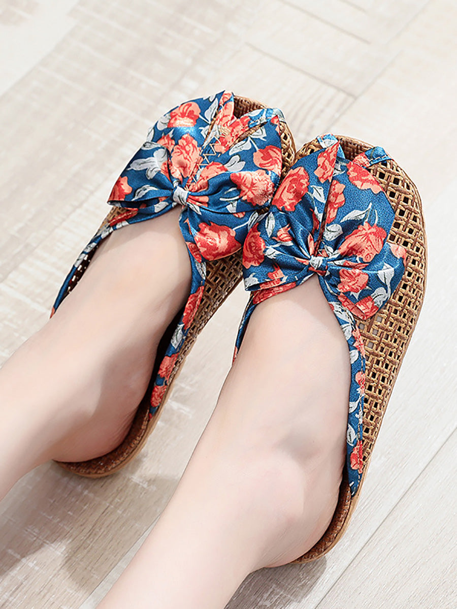 Women Ethnic Straw Weave Flower Bowknot Indoor Slippers