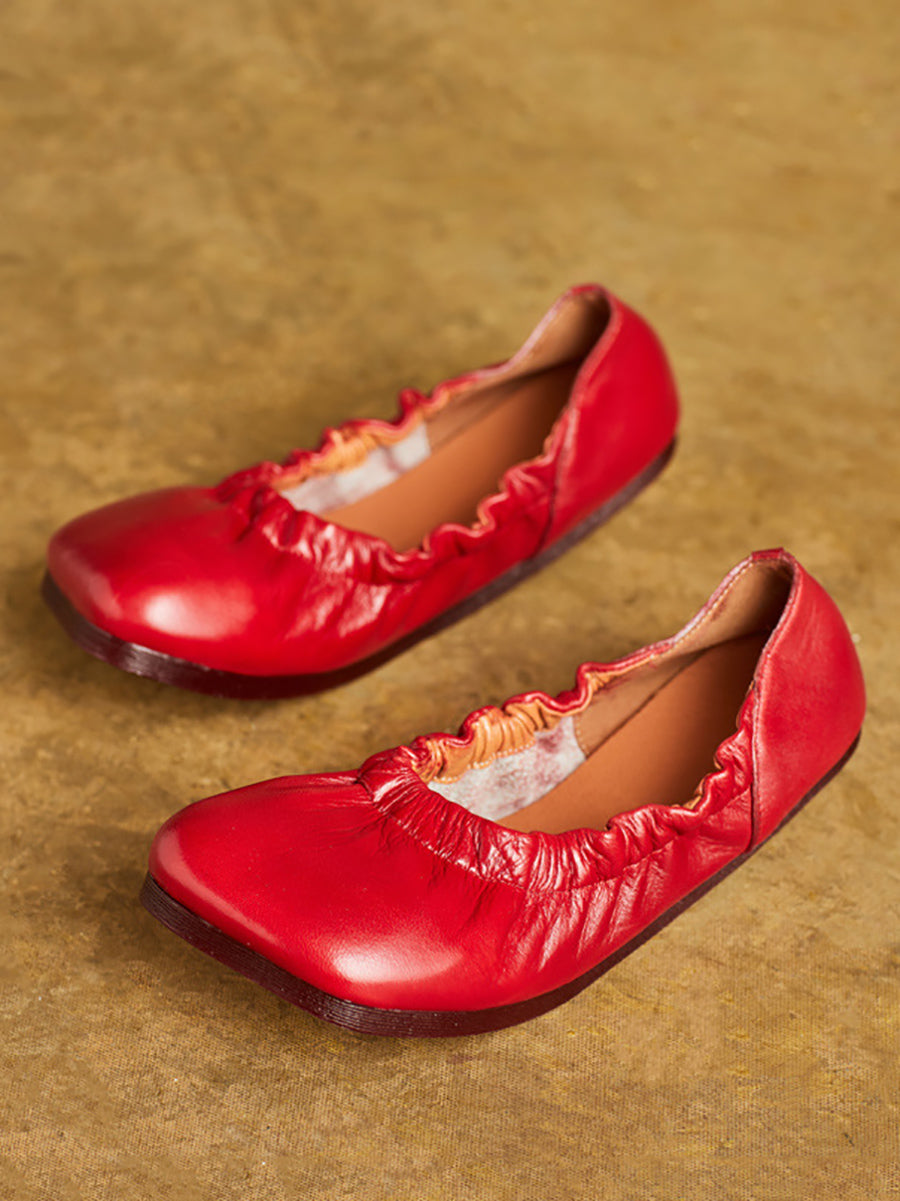 Women Summer Pure Color Soft Leather Flat Shoes