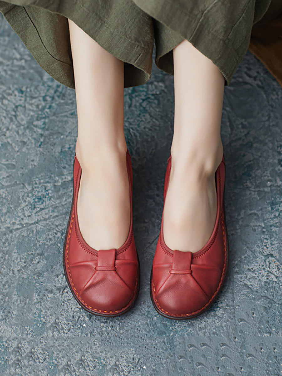 Women Ethnic Pure Color Genuine Leather Low Heel Shoes