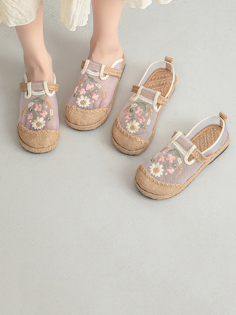 Women Summer Artsy Flower Embroidery Linen Slippers