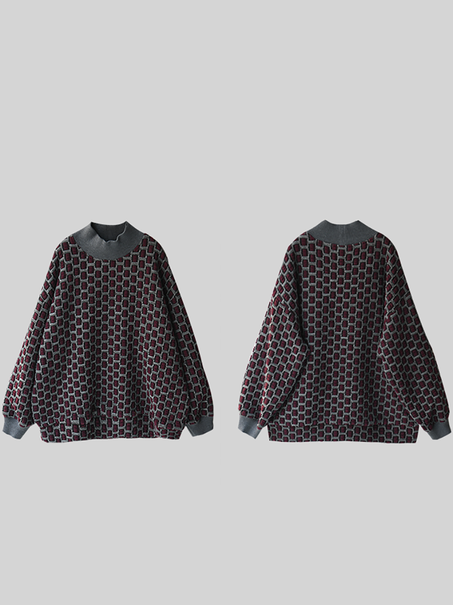 Women Artsy Plaid Fleece-lined Half-Turtleneck Blouse