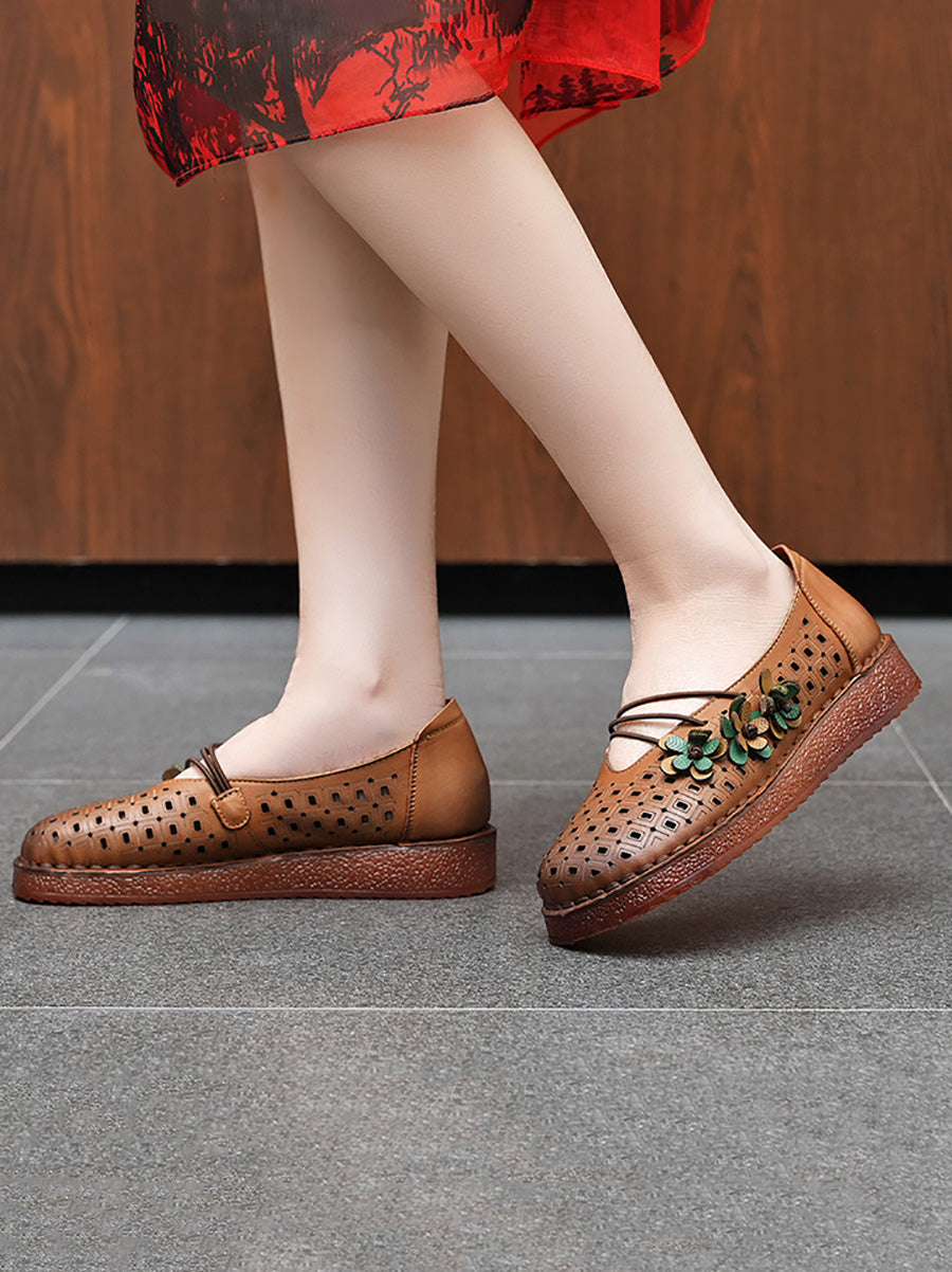 Women Summer Leather Flower Spliced Low Heel Shoes
