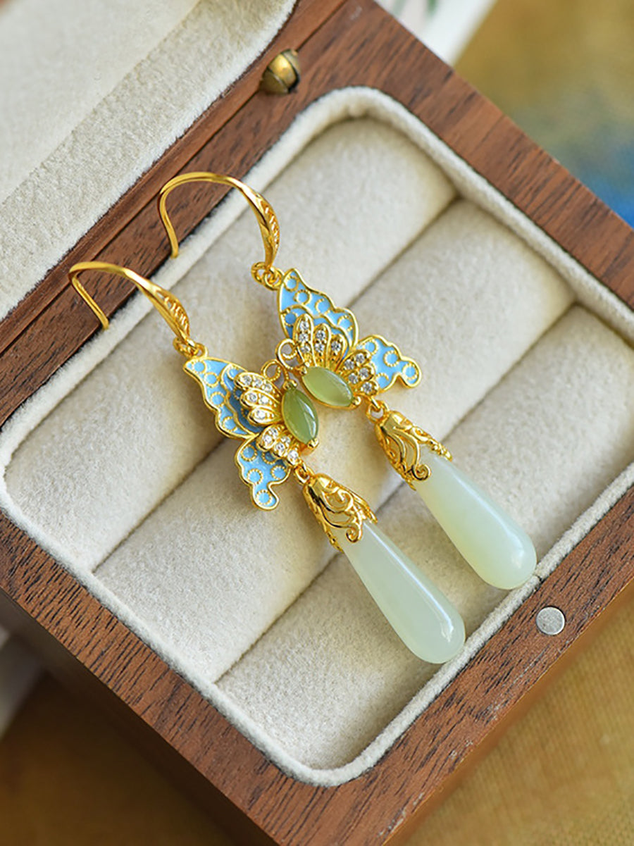 Women Ethnic Jade Enamel Butterfly S925Silver Earrings