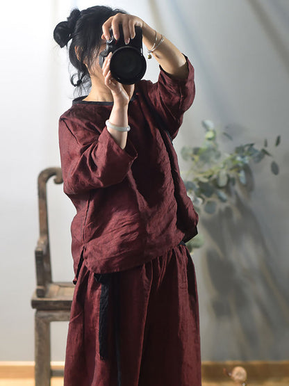 Women Retro Solid Loose Shirt