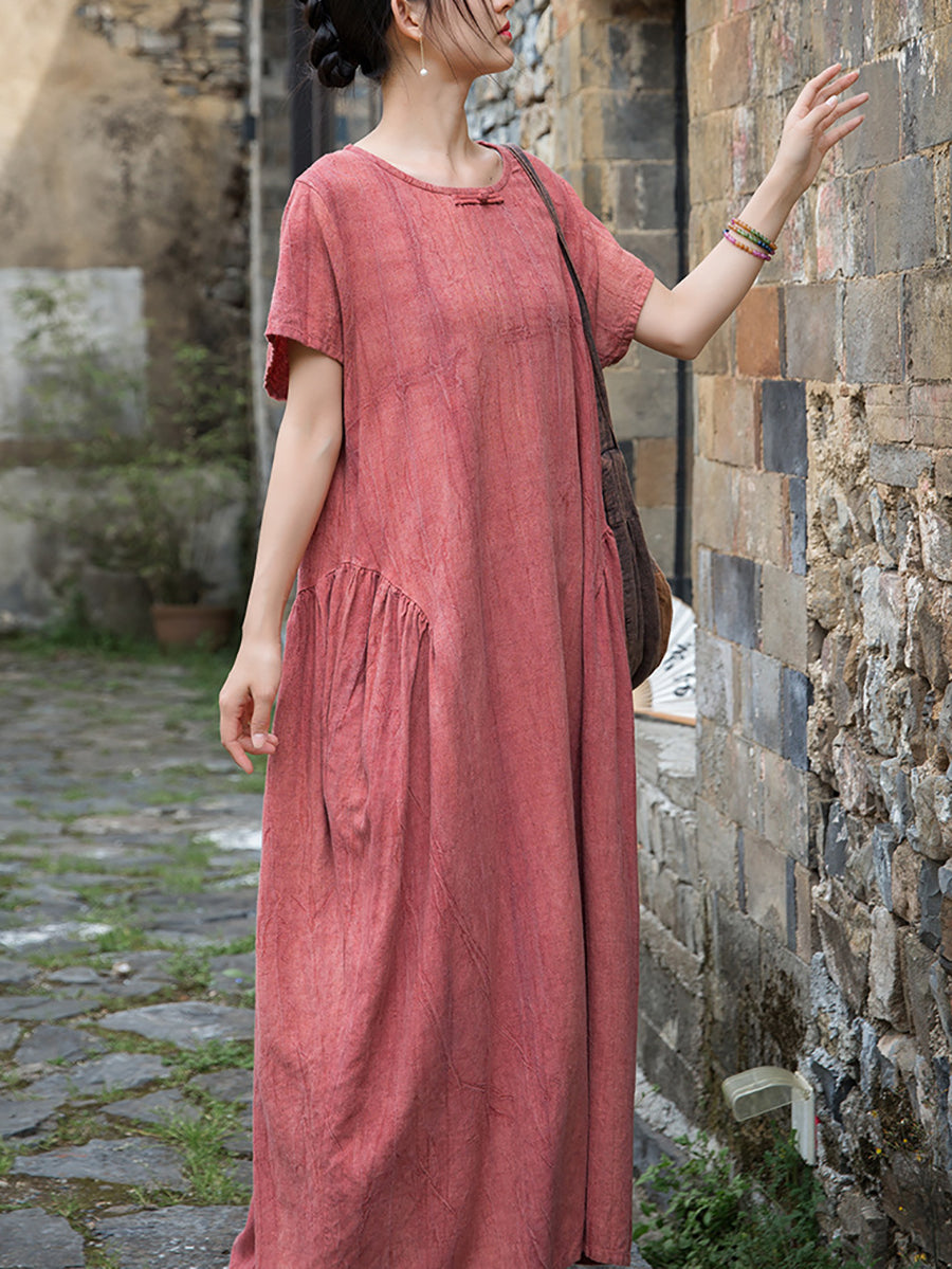 Women Summer Artsy Pure Color O-Neck Linen Dress