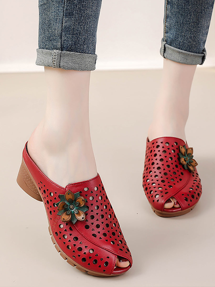 Women Summer Genuine Leather Flower Mid Heel Slippers