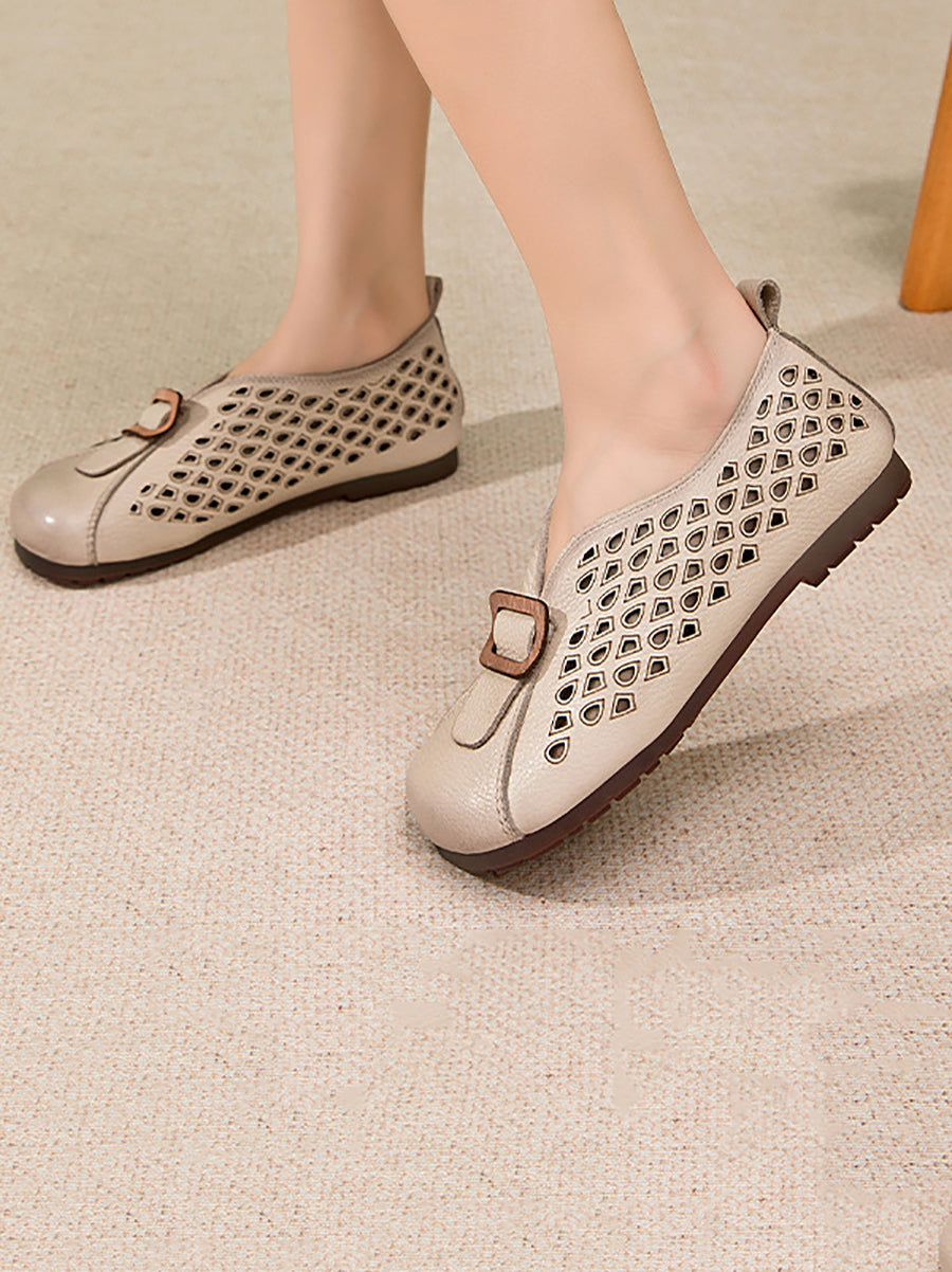 Women Summer Vintage Leather Spliced Flat Shoes