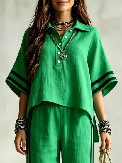 Striped Split-side Contrast Color Buttoned Loose High-low Lapel Blouses&shirts Tops