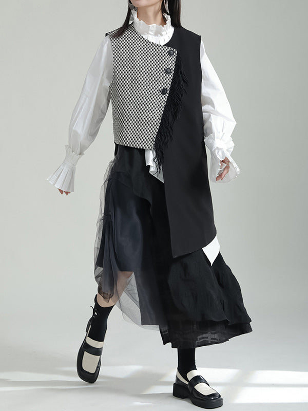 Ruffle Sleeves Sleeveless Asymmetric Buttoned Houndstooth Vest Outerwear
