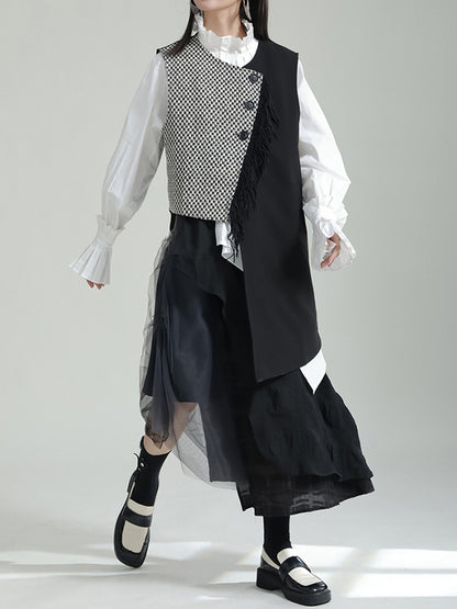 Ruffle Sleeves Sleeveless Asymmetric Buttoned Houndstooth Vest Outerwear
