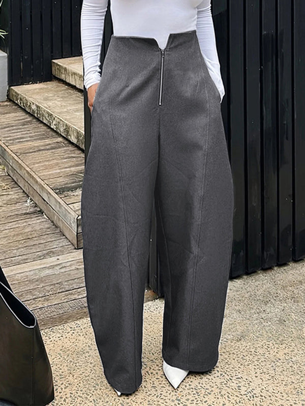 Loose Pockets Solid Color Zipper Pants Trousers