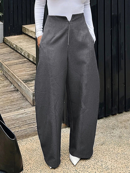 Loose Pockets Solid Color Zipper Pants Trousers