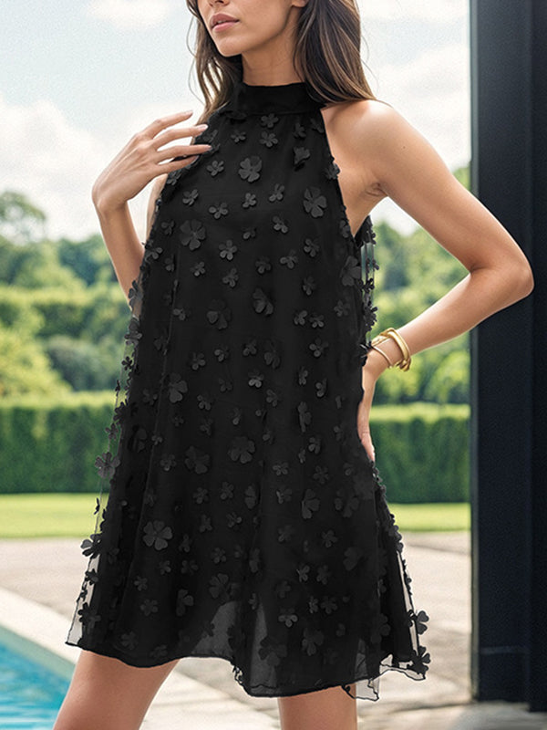 A-line Sleeveless Mesh Solid Color Split-Joint Three-Dimensional Flower Halter-Neck Mini Dresses