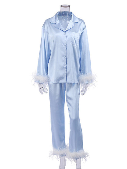 Long Sleeves Buttoned Feathers Split-Joint Notched Collar Shirts Top + Pants Bottom Pajama Sets