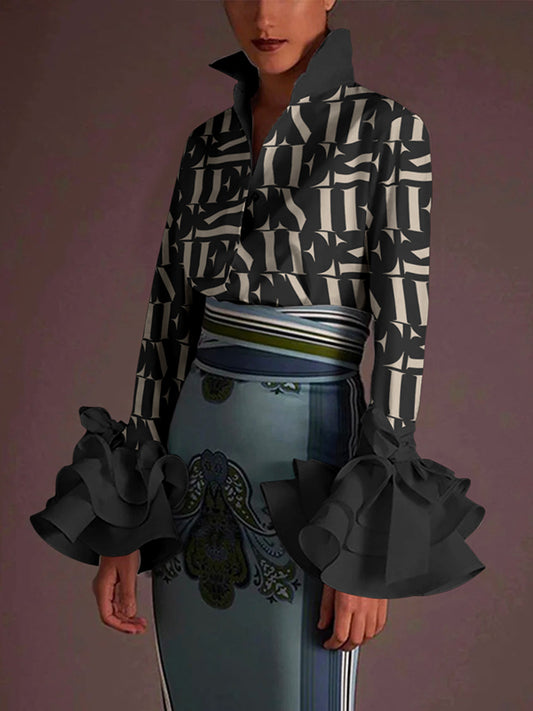 Flared Sleeves Long Sleeves Buttoned Letter Print Lapel Blouses&Shirts Tops