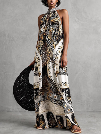 A-Line Loose Contrast Color Printed Zipper Halter-Neck Maxi Dresses