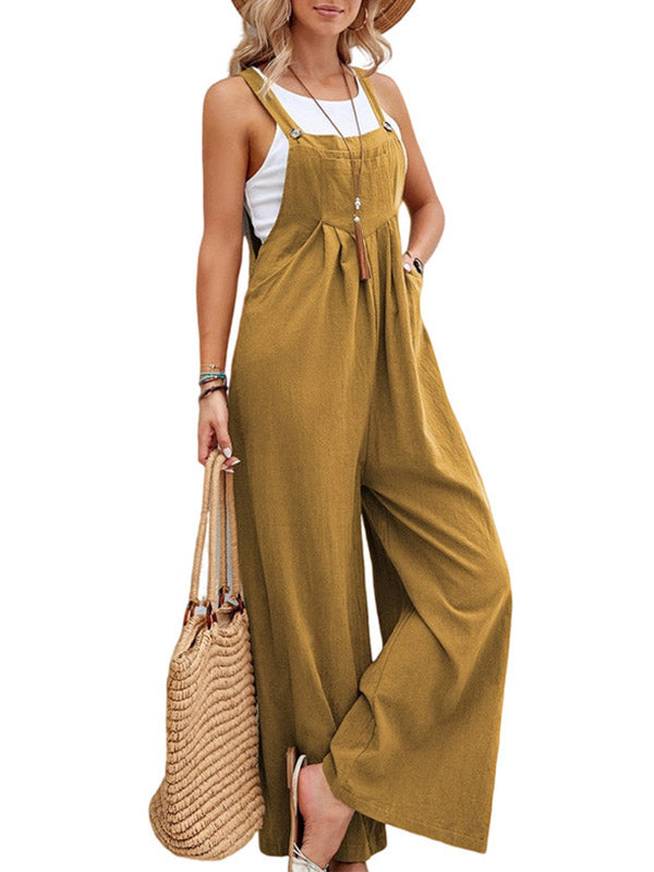Loose Plus Size Pleated Split-Joint Square-Neck Overalls