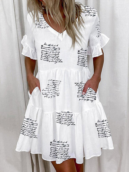 A-Line High Waisted Contrast Color Pleated Pockets Printed Split-Joint V-Neck Midi Dresses