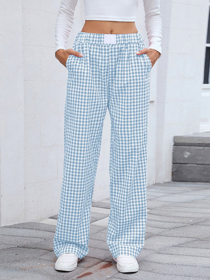 Elasticated Waist High Waisted Contrast Color Plaid Pockets Split-Joint Pants Trousers