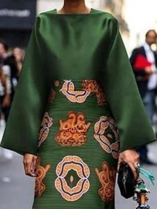 Long Sleeves Printed Round-Neck Midi Dresses
