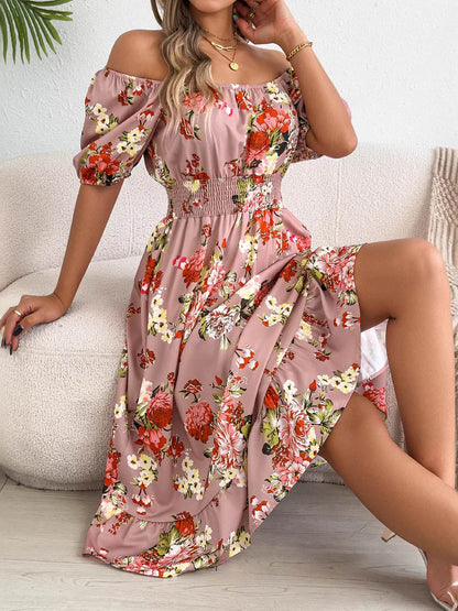 A-Line High Waisted Elasticity Floral Printed Pleated Ruffled Off-The-Shoulder Midi Dresses