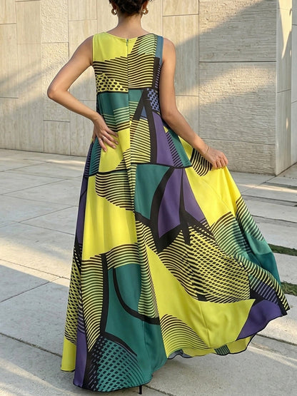 A-Line Sleeveless Contrast Color Striped Zipper Round-Neck Maxi Dresses