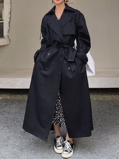 Long Sleeves Loose Buckle Buttoned Solid Color Split-Back Lapel Trench Coats