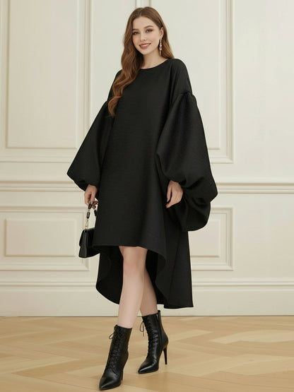 Batwing Sleeves High-Low Pleated Solid Color Split-Joint Round-Neck Midi Dresses