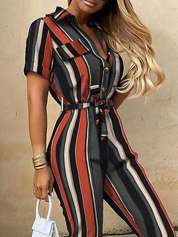 Loose Plus Size Split-Joint Striped Tied Waist Lapel Jumpsuits