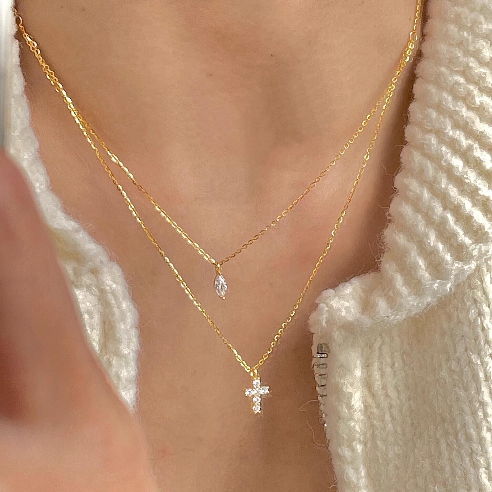 Electroplated Gold Cross Necklace For Women With Zircon Inlay And Simple Style Featuring Slider Chain In Alloy
